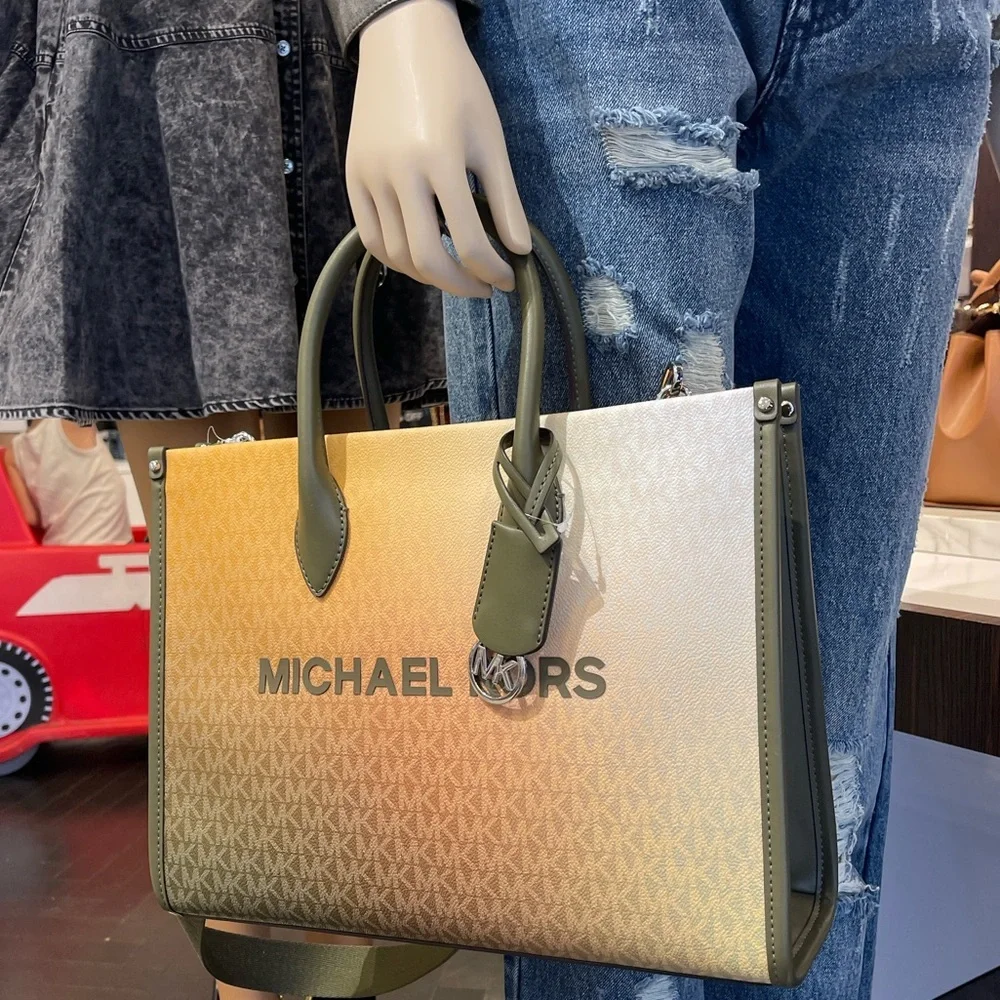 MICHAEL KORS Mirella Medium Ombré Signature Logo Tote Bag Olive Combo  NWT